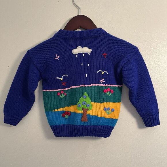 Handmade Vintage Embroidered Retro Farm Scene Cactus Knit Cardigan, Purple- 4T - Picture 3 of 4